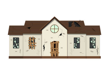 One-story old dilapidated house before renovation. Cartoon style. Vector illustrationのイラスト素材