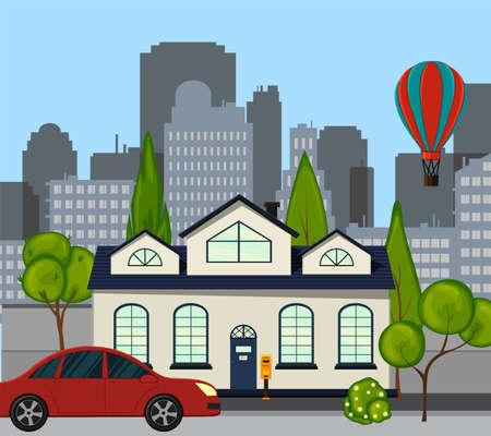 City street with a new one-story house. Cartoon style. Vector illustrationのイラスト素材