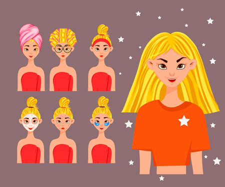 Female character with different cosmetic procedures for the face. Cartoon style. Vector illustrationのイラスト素材