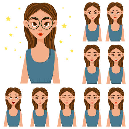 Set with a female character in blue clothes with different facial expressions. Cartoon style. Vector illustrationのイラスト素材