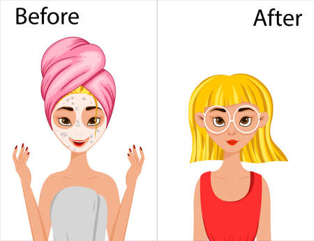 Girl before and after hair styling. Cartoon style.のイラスト素材