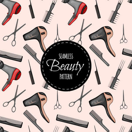 Beauty seamless pattern with Hairdressing Supplies. Cartoon style. Vector illustrationのイラスト素材