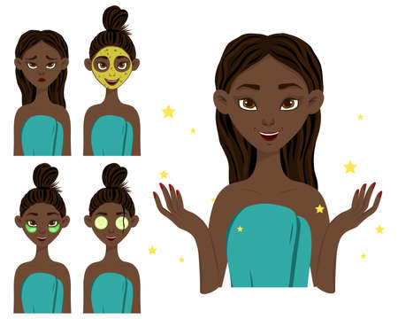 Dark-skinned girl before and after applying a beauty mask. Cartoon style.のイラスト素材
