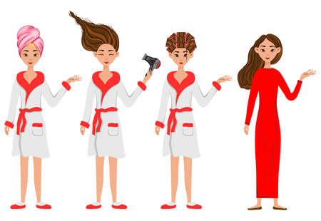 Girl before and after cosmetic procedures. Cartoon style. Vector illustrationのイラスト素材