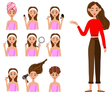 Girl before and after cosmetic procedures. Cartoon style.のイラスト素材