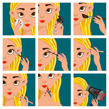 Female face with makeup steps. Cartoon style. Vector illustrationのイラスト素材