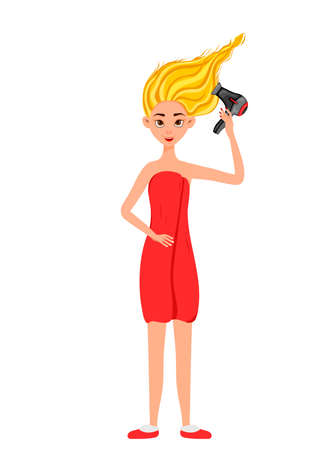 Beauty woman dries hair with a hairdryer. Cartoon style. Vector illustrationのイラスト素材