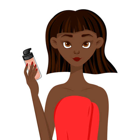 Beauty african woman holding a bottle with foundation in his hand. Cartoon style. Vector illustrationのイラスト素材