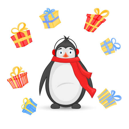 polar penguin in a scarf and headphones on the background of different gifts with bows. postcard for the new year and Christmas. Isolated objects on white background. Template for text and congratulationsのイラスト素材
