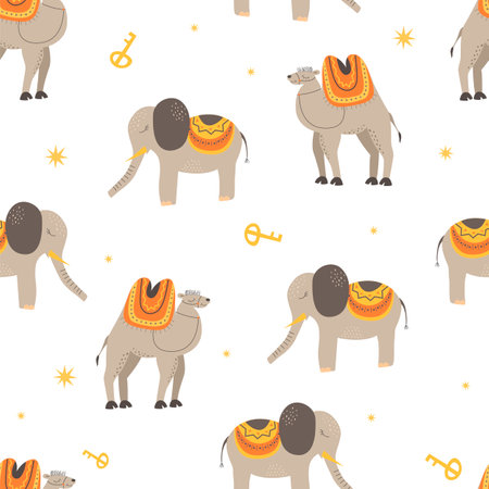 Seamless pattern with elephants and camels in scandinavian style. Hand drawing vector illustration.のイラスト素材