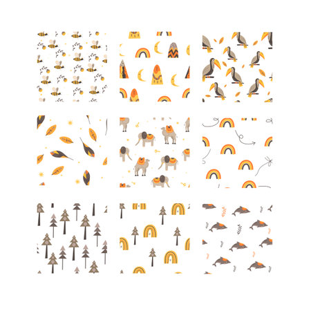 Set of nine seamless patterns in scandinavian style. Hand drawing vector illustration.のイラスト素材