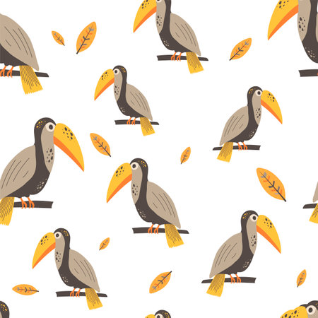 Seamless pattern with toucans in scandinavian style. Hand drawing vector illustration.のイラスト素材