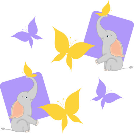 pattern with elephants and butterflys on a white background. Cartoon style.のイラスト素材