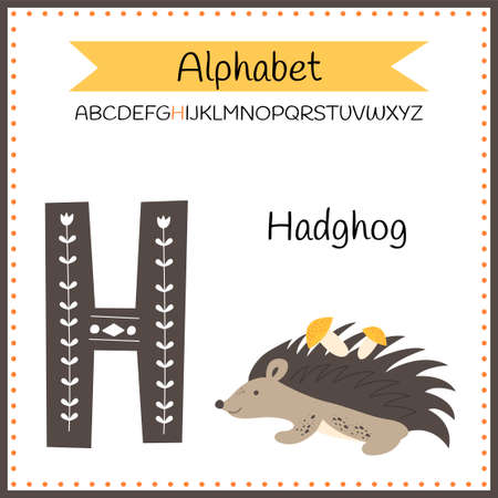 Cute children animal alphabet H letter flashcard of Hedgehog for kids learning English vocabulary.のイラスト素材