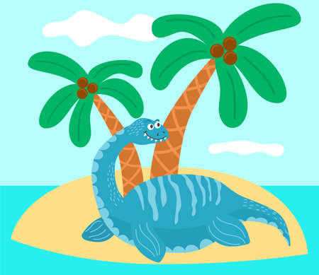 Dinosaur in jungle, prehistoric wild animal on tropical forest background with palm tree leaves. Jurassic period ancient creature, game personage dino monster, Cartoon vector illustrationのイラスト素材