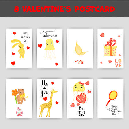 A set of postcards for Valentines Day. Vector illustration with animals for Valentines Day. Template for postcards, flyers, invitationsのイラスト素材