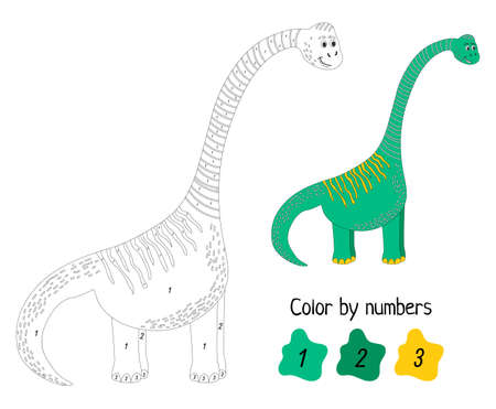 Coloring page by numbers. Funny dinosaur. Educational game for preschool kids, learn numbers and colorsのイラスト素材