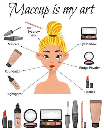 Girl with a makeup scheme. Cartoon style. Vector illustration.のイラスト素材