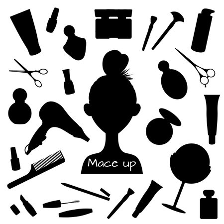 Set of silhouettes of items for beauty salons, beauty shops on white background. Vector illustration. Cartoon style.のイラスト素材