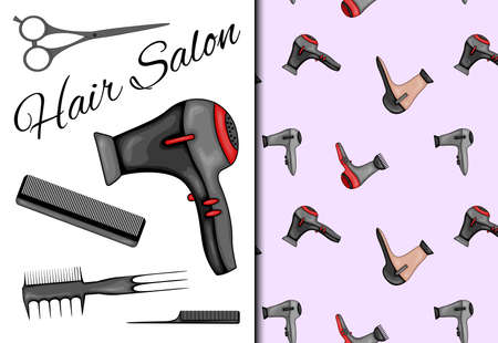 Set with seamless pattern and items for hairdressing salon. Cartoon style. Vector illustration.のイラスト素材