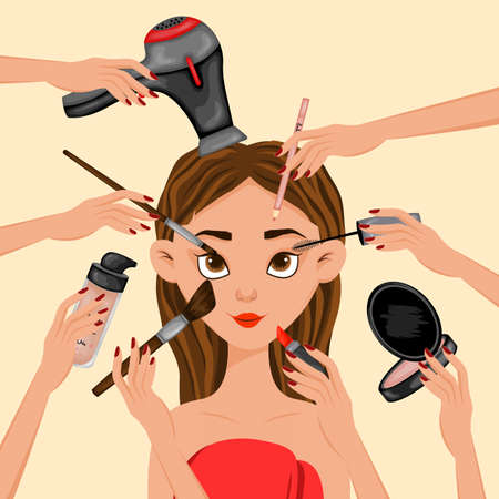Girl surrounded by beauty items. Cartoon style. Vector illustration.のイラスト素材