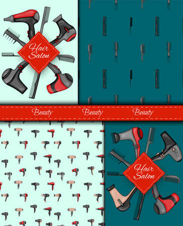 Beauty salon, manicure, makeup, hairdressing poster, flyer, template design. Fashion woman accessory illustration icon logo set isolated vector on white backgroundのイラスト素材