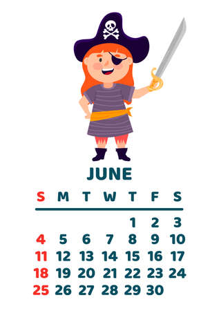 June 2023 calendar page. Vector cartoon illustration with cute pirate. Template for print. Vertical layout. White backgroundのイラスト素材