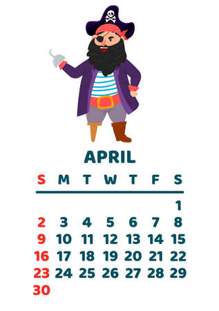 April 2023 calendar page. Vector flat cartoon illustration with cute pirate. Template for print. Vertical layout. White backgroundのイラスト素材