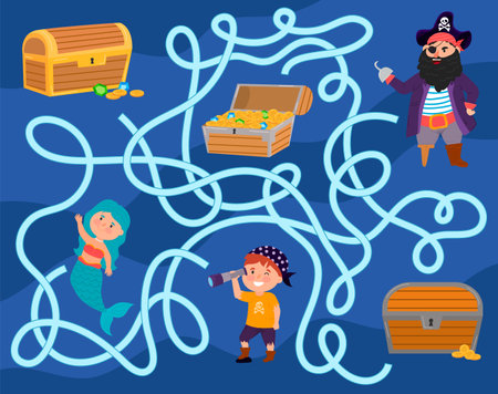 Pirate maze for kids. Treasure hunt preschool activity. Help the pirate get to the treasures. Vector imageのイラスト素材