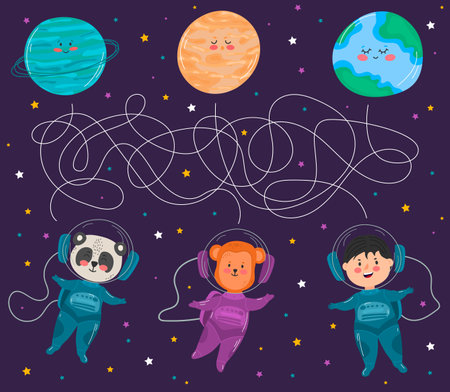 Space Adventure with labyrinth, Childrens maze game, funny Educational, logic. Cute Cartoon planets, stars, astronauts. Kids card background. Hand drawn elements, vector illustrationのイラスト素材