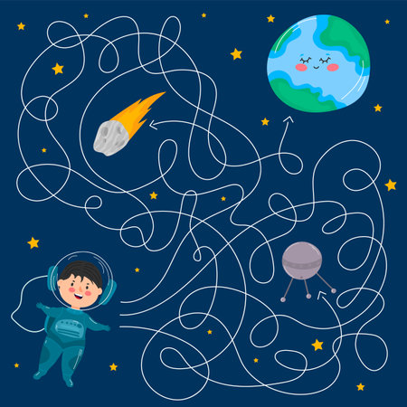Vector cartoon astronaut and planets. Vector illustrations for children books. Labyrinth. Educational game for children. Help cosmonaut find path to planet. Labyrinth. Maze game for kids. Boy and Earth.のイラスト素材