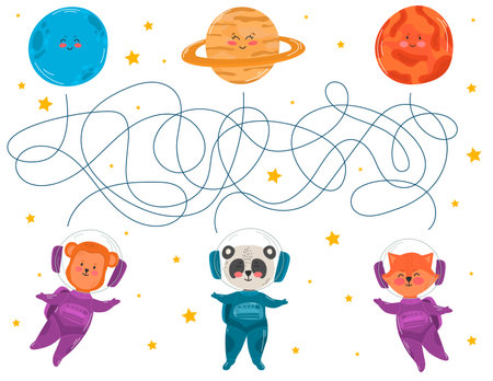 Vector cartoon astronauts and planets. Vector illustrations for children books. Labyrinth. Educational game for children. Help cosmonaut find path to planet. Labyrinth. Maze game for kids. White background.のイラスト素材