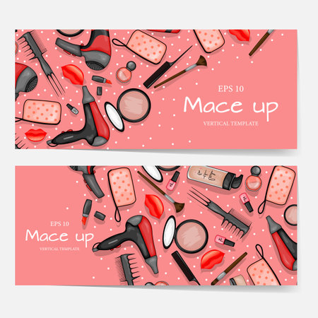 Leaflets with cosmetic products, template for text. Cartoon style. Vector illustration.のイラスト素材
