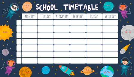 School timetable template with cartoon planets, rockets, shuttle. Back to school schedule with space background for subjects. Vector children illustrationのイラスト素材