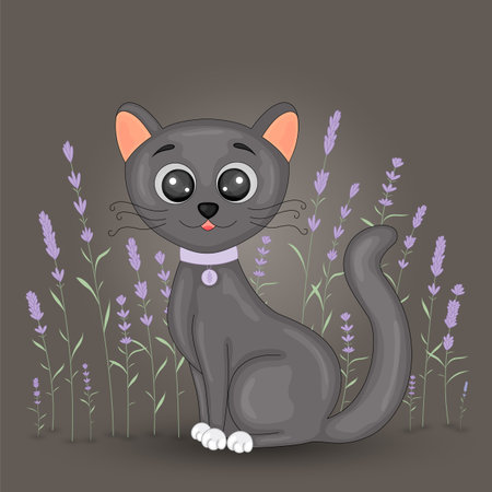 Gift postcard with cartoon animals cat. Decorative floral background with branches and plants.のイラスト素材