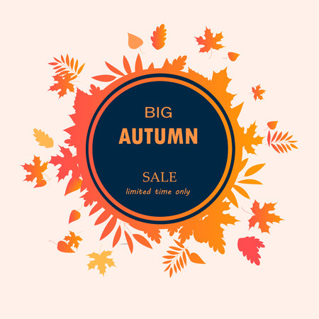 Bright banner for autumn sale with pumpkin pie, tea and autumn leaves on geometric background. Vector illustration.のイラスト素材