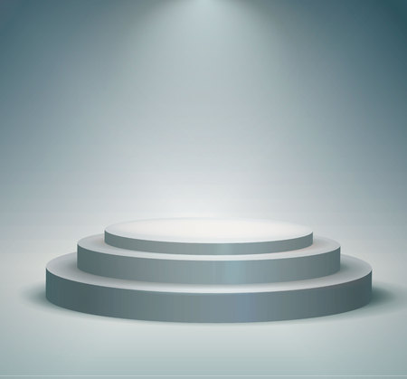 Round podium, pedestal or platform illuminated by spotlights on white background. Stage with scenic lights. Vector illustration.のイラスト素材