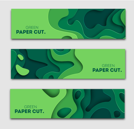 Horizontal banners set 3D abstract background, green paper cut shapes. Vector design layout for business presentations, flyers, posters and invitations. Carving art, environment and ecology elementsのイラスト素材