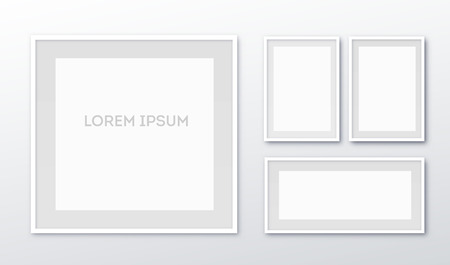 A3, A4 vertical blank picture frame for photographs. Vector realisitc paper or plastic white picture-framing mat with wide borders shadow. Isolated picture frame mockup template on gray background eps 10のイラスト素材