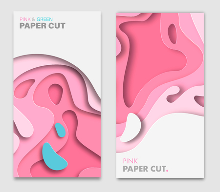 Set vertical banner templates with paper cut shapes. Bright modern abstract design. Purple. Vector Illustration.Pink and green. Trend colorのイラスト素材