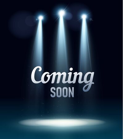 Coming soon stage illuminated with light spotlight. Stage realistic film poster vector illustration. Sale market commerce blank concept.のイラスト素材