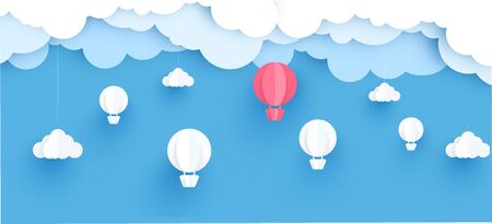 Hot air balloon paper art style with pastel sky background vector illustrationのイラスト素材