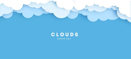 Cloudy paper cut art, vector illustration. Volumetric cloudscape horizontal background. Banner with 3d clouds on blue sky.のイラスト素材
