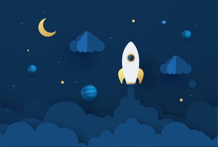 Abstract 3D background. Rocket launch. Start up symbol. Paper cut shapes. Template for your design works. Vector illustration.のイラスト素材
