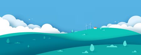 Wide green nature landscape concept with clouds , hills, house on blue background. scenery banner background paper art style. Template for cards. Vector illustration.のイラスト素材