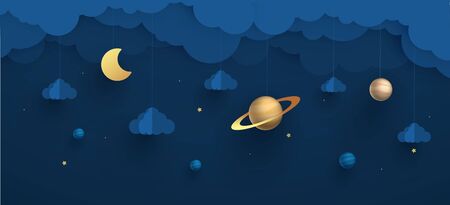 Paper cut night sky. Dreamy background with planets, stars and clouds, abstract fantasy background....