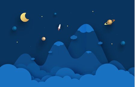 Night sky with moon, stars and planets. Paper art 3D abstract background with origami shapes. Paper waves, layers texture. Geometric design layout. vector illustrationのイラスト素材