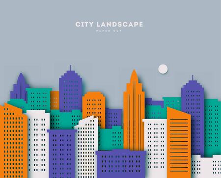 Cityscape, paper art style. Landscape paper cut uraban with clouds and blue background vector illustrationのイラスト素材