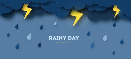 Overcast sky, thunder and lightning in paper cut style. Vector illustration. Rainy day concept with dark cloudsのイラスト素材