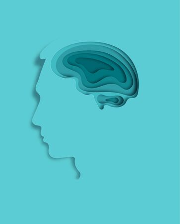 Origami layer of human head and light gear brain on blue background as business, science,intelligence idea, paper carve art and craft style concept. vector illustration.のイラスト素材